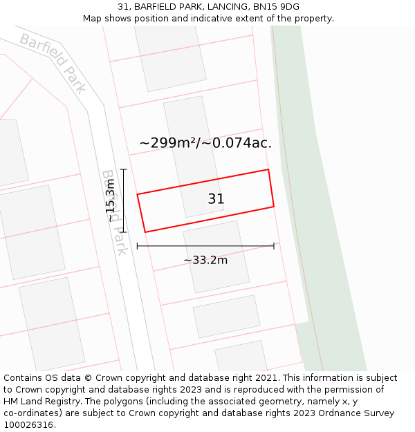 31, BARFIELD PARK, LANCING, BN15 9DG: Plot and title map