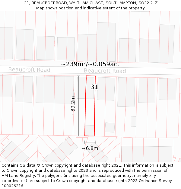 31, BEAUCROFT ROAD, WALTHAM CHASE, SOUTHAMPTON, SO32 2LZ: Plot and title map