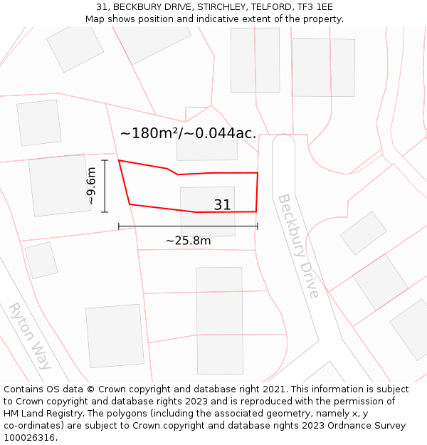 31, BECKBURY DRIVE, STIRCHLEY, TELFORD, TF3 1EE: Plot and title map