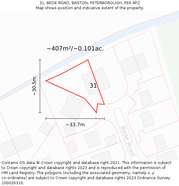 31, BEDE ROAD, BASTON, PETERBOROUGH, PE6 9PZ: Plot and title map