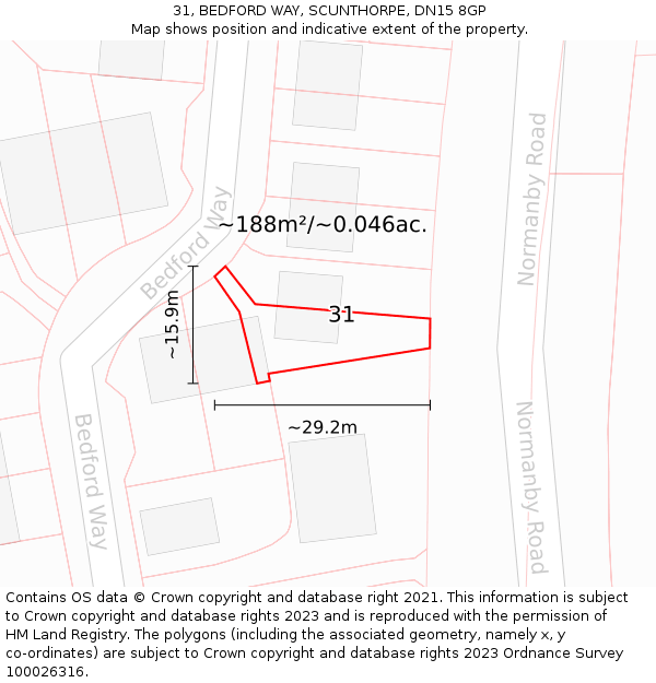 31, BEDFORD WAY, SCUNTHORPE, DN15 8GP: Plot and title map