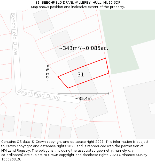 31, BEECHFIELD DRIVE, WILLERBY, HULL, HU10 6DF: Plot and title map