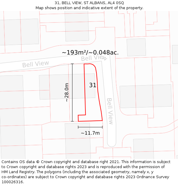 31, BELL VIEW, ST ALBANS, AL4 0SQ: Plot and title map