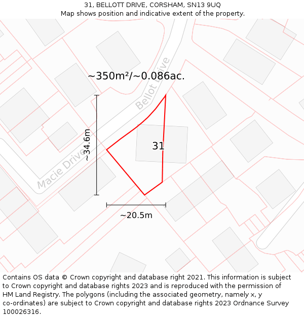 31, BELLOTT DRIVE, CORSHAM, SN13 9UQ: Plot and title map