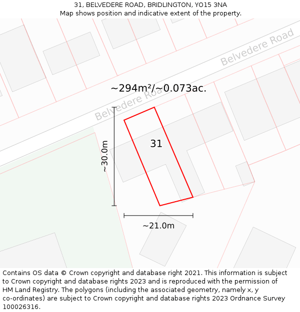 31, BELVEDERE ROAD, BRIDLINGTON, YO15 3NA: Plot and title map