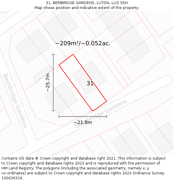 31, BEMBRIDGE GARDENS, LUTON, LU3 3SH: Plot and title map