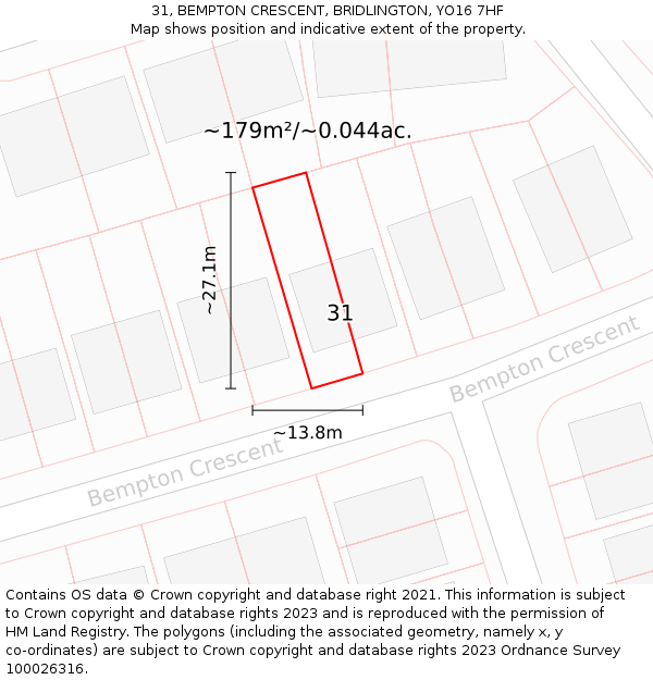 31, BEMPTON CRESCENT, BRIDLINGTON, YO16 7HF: Plot and title map