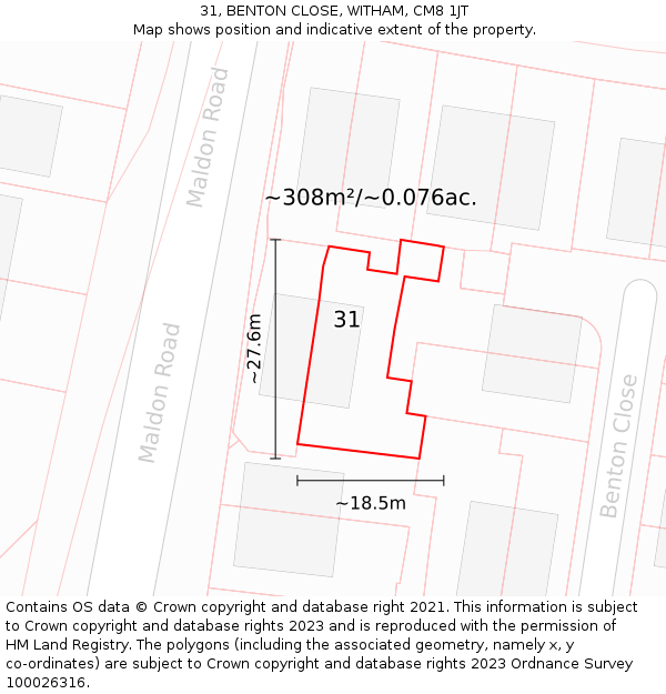 31, BENTON CLOSE, WITHAM, CM8 1JT: Plot and title map