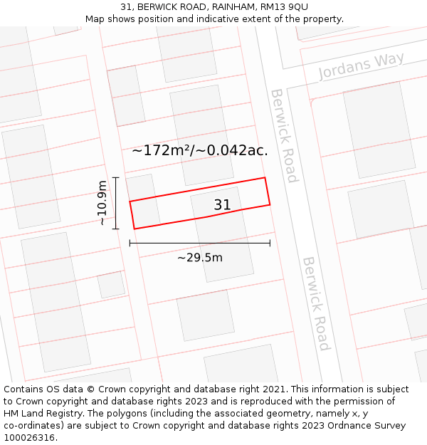 31, BERWICK ROAD, RAINHAM, RM13 9QU: Plot and title map