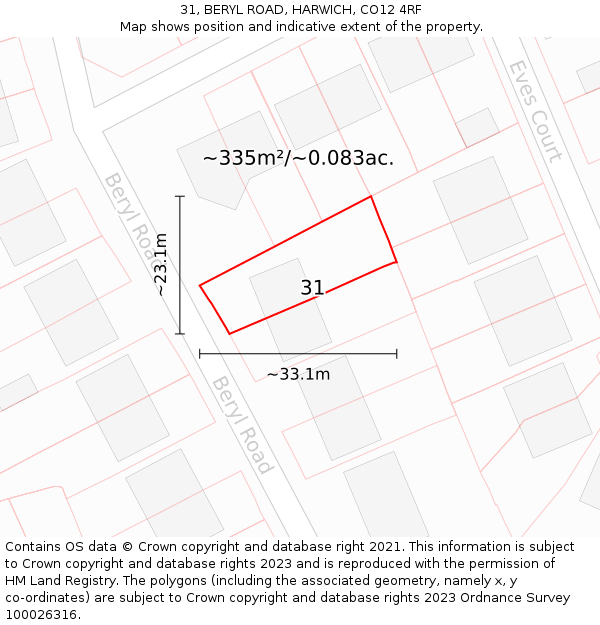 31, BERYL ROAD, HARWICH, CO12 4RF: Plot and title map