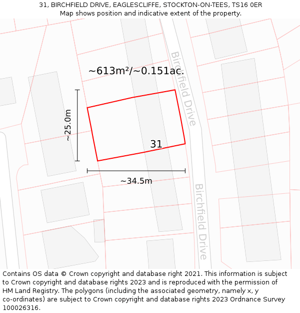 31, BIRCHFIELD DRIVE, EAGLESCLIFFE, STOCKTON-ON-TEES, TS16 0ER: Plot and title map