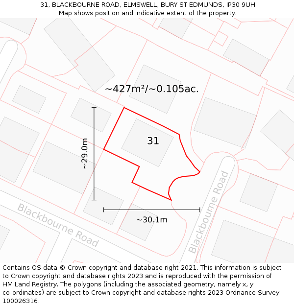 31, BLACKBOURNE ROAD, ELMSWELL, BURY ST EDMUNDS, IP30 9UH: Plot and title map