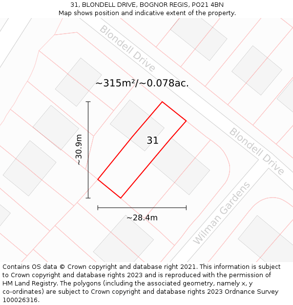 31, BLONDELL DRIVE, BOGNOR REGIS, PO21 4BN: Plot and title map