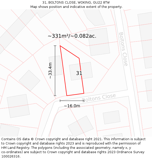 31, BOLTONS CLOSE, WOKING, GU22 8TW: Plot and title map