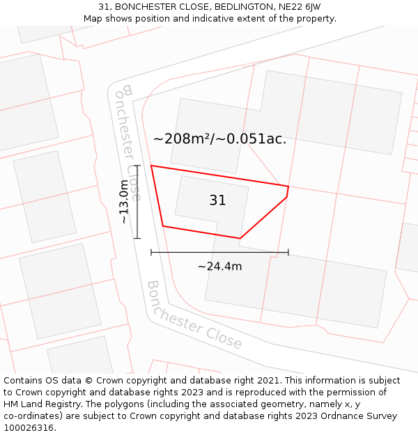 31, BONCHESTER CLOSE, BEDLINGTON, NE22 6JW: Plot and title map