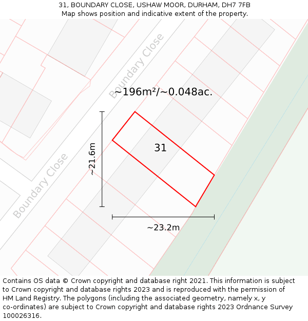 31, BOUNDARY CLOSE, USHAW MOOR, DURHAM, DH7 7FB: Plot and title map