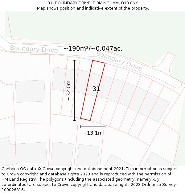 31, BOUNDARY DRIVE, BIRMINGHAM, B13 8NY: Plot and title map