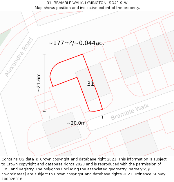 31, BRAMBLE WALK, LYMINGTON, SO41 9LW: Plot and title map