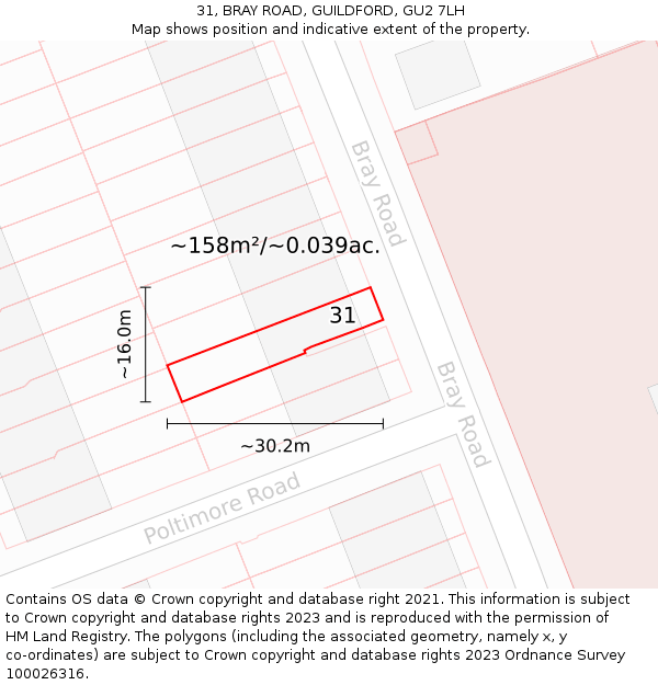 31, BRAY ROAD, GUILDFORD, GU2 7LH: Plot and title map