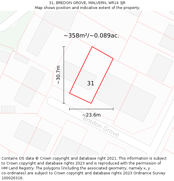 31, BREDON GROVE, MALVERN, WR14 3JR: Plot and title map