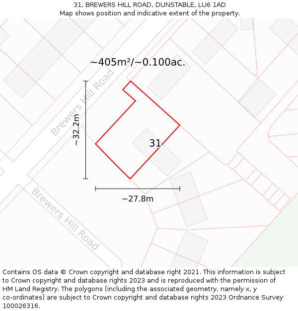 31, BREWERS HILL ROAD, DUNSTABLE, LU6 1AD: Plot and title map