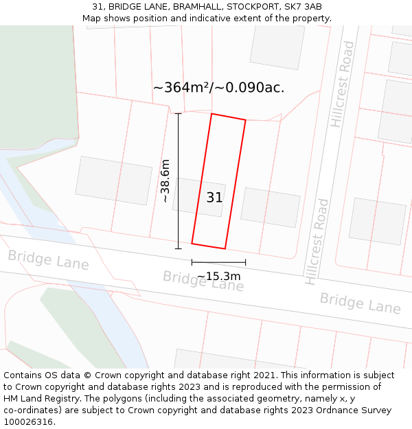 31, BRIDGE LANE, BRAMHALL, STOCKPORT, SK7 3AB: Plot and title map