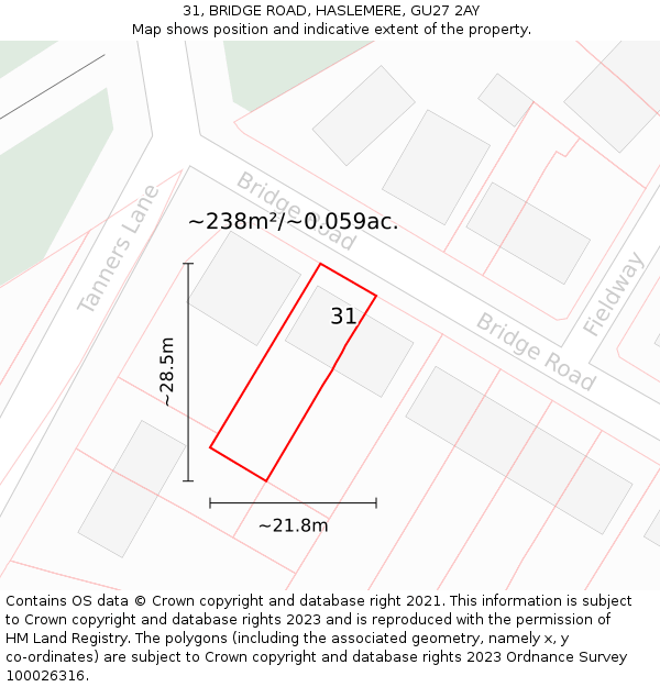 31, BRIDGE ROAD, HASLEMERE, GU27 2AY: Plot and title map