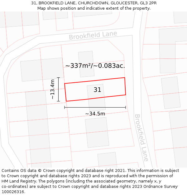 31, BROOKFIELD LANE, CHURCHDOWN, GLOUCESTER, GL3 2PR: Plot and title map