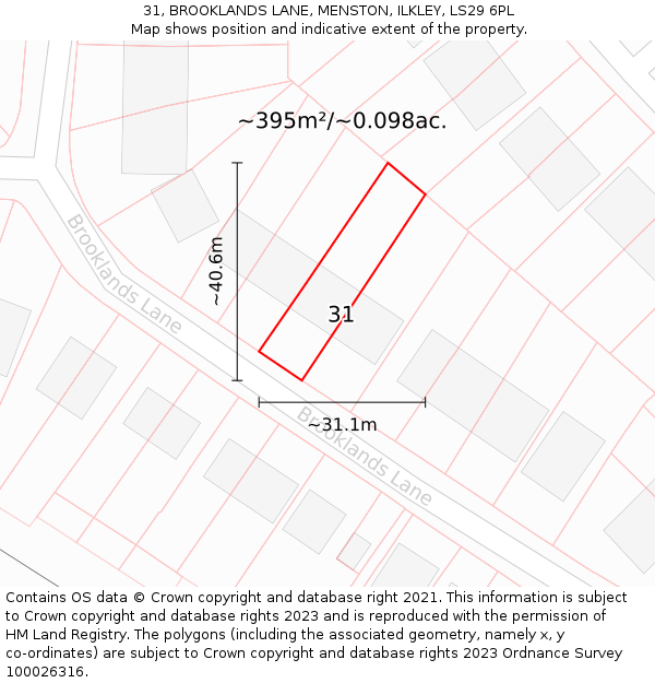 31, BROOKLANDS LANE, MENSTON, ILKLEY, LS29 6PL: Plot and title map