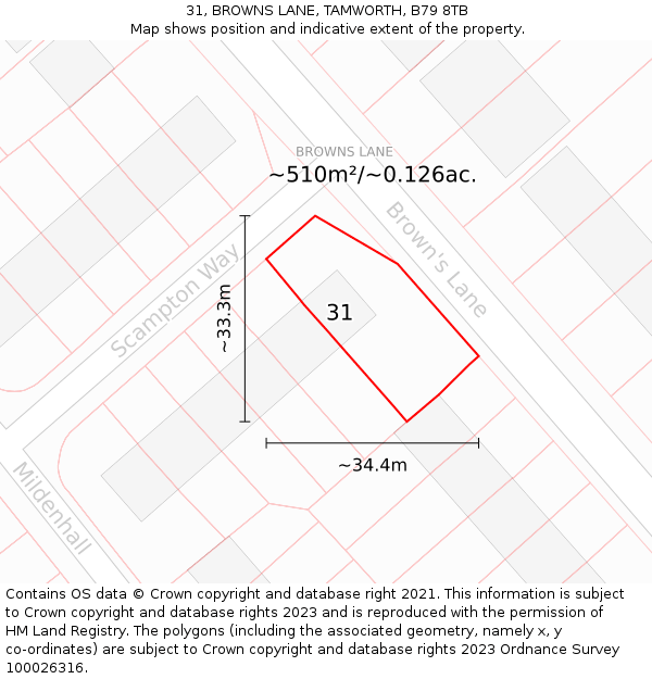 31, BROWNS LANE, TAMWORTH, B79 8TB: Plot and title map