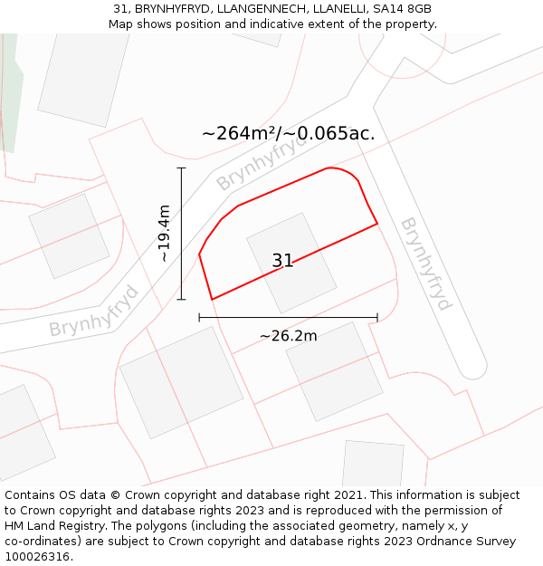 31, BRYNHYFRYD, LLANGENNECH, LLANELLI, SA14 8GB: Plot and title map