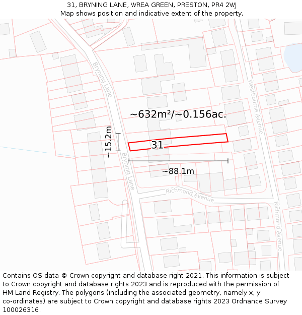 31, BRYNING LANE, WREA GREEN, PRESTON, PR4 2WJ: Plot and title map