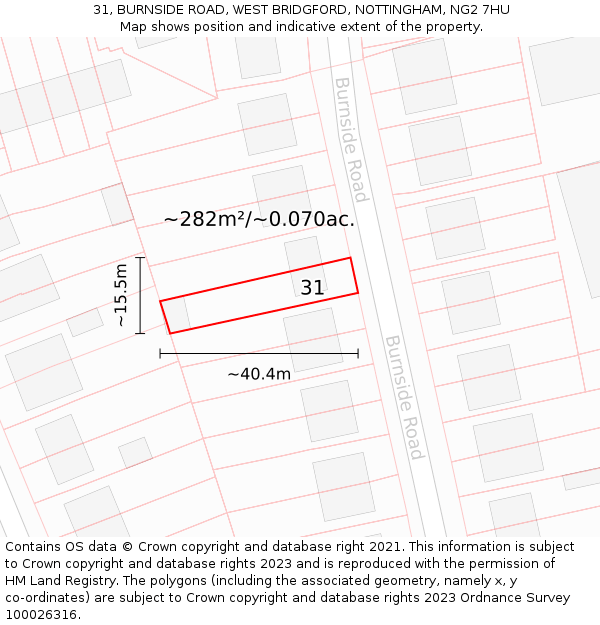 31, BURNSIDE ROAD, WEST BRIDGFORD, NOTTINGHAM, NG2 7HU: Plot and title map