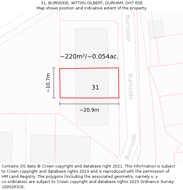 31, BURNSIDE, WITTON GILBERT, DURHAM, DH7 6SE: Plot and title map