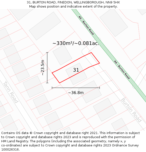 31, BURTON ROAD, FINEDON, WELLINGBOROUGH, NN9 5HX: Plot and title map