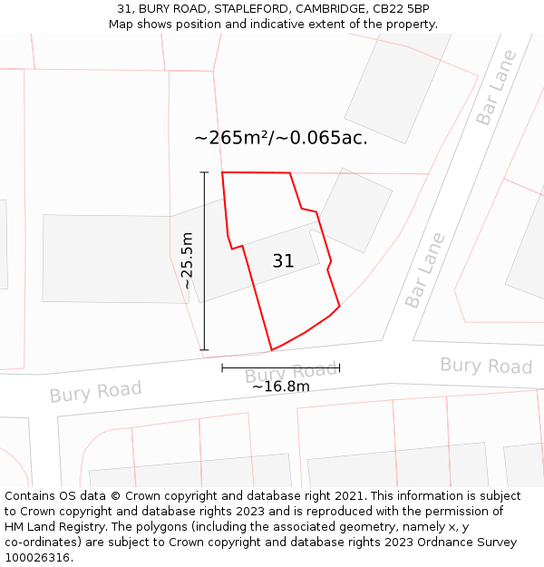 31, BURY ROAD, STAPLEFORD, CAMBRIDGE, CB22 5BP: Plot and title map