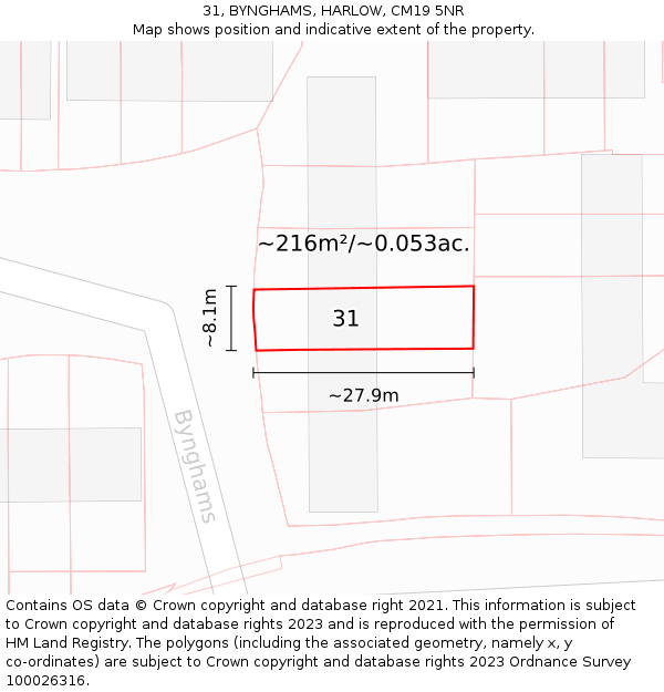 31, BYNGHAMS, HARLOW, CM19 5NR: Plot and title map