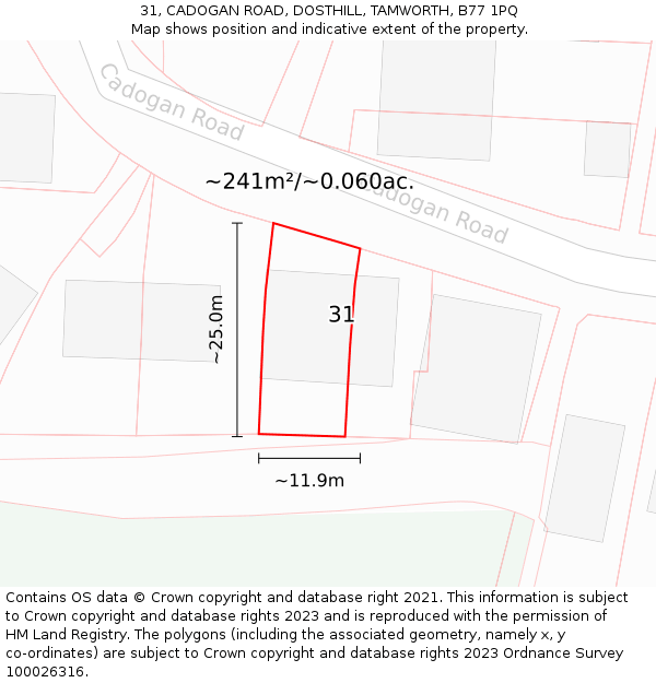 31, CADOGAN ROAD, DOSTHILL, TAMWORTH, B77 1PQ: Plot and title map