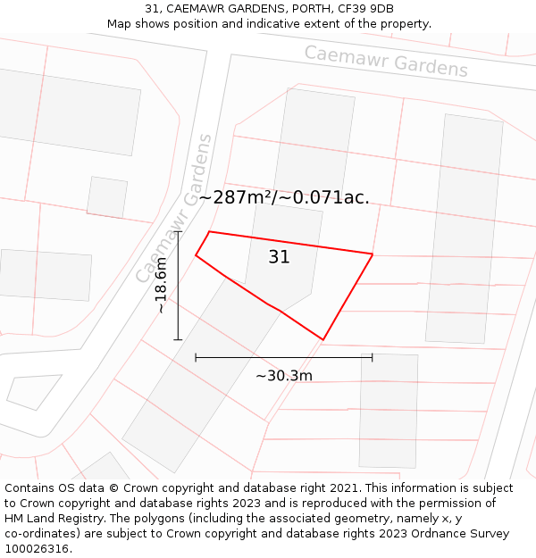 31, CAEMAWR GARDENS, PORTH, CF39 9DB: Plot and title map