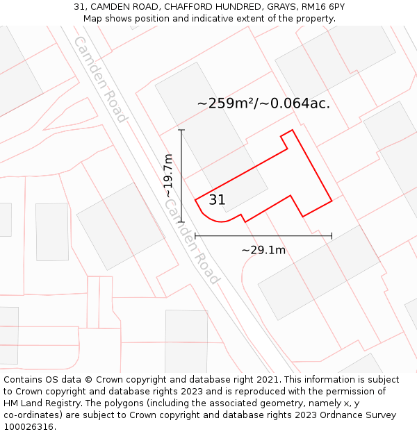 31, CAMDEN ROAD, CHAFFORD HUNDRED, GRAYS, RM16 6PY: Plot and title map