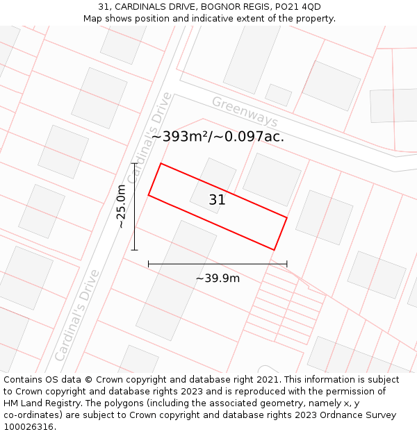 31, CARDINALS DRIVE, BOGNOR REGIS, PO21 4QD: Plot and title map