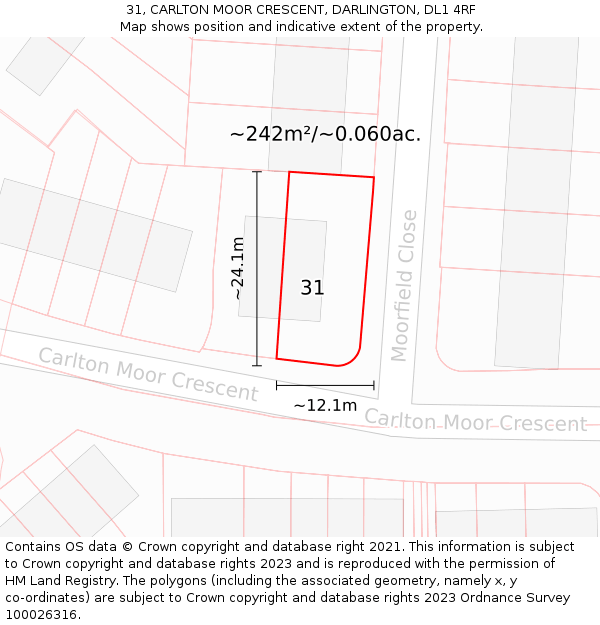 31, CARLTON MOOR CRESCENT, DARLINGTON, DL1 4RF: Plot and title map