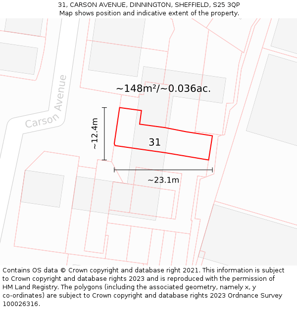 31, CARSON AVENUE, DINNINGTON, SHEFFIELD, S25 3QP: Plot and title map