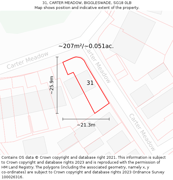 31, CARTER MEADOW, BIGGLESWADE, SG18 0LB: Plot and title map