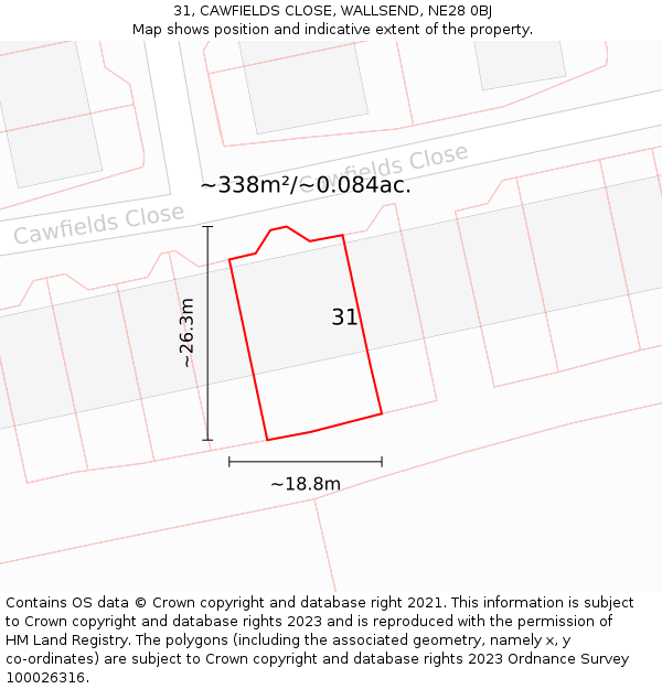 31, CAWFIELDS CLOSE, WALLSEND, NE28 0BJ: Plot and title map