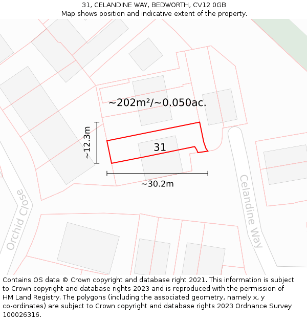 31, CELANDINE WAY, BEDWORTH, CV12 0GB: Plot and title map