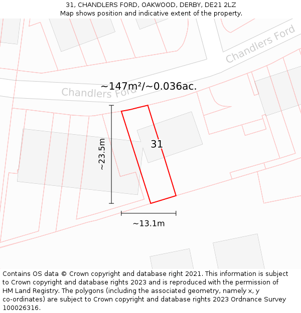 31, CHANDLERS FORD, OAKWOOD, DERBY, DE21 2LZ: Plot and title map