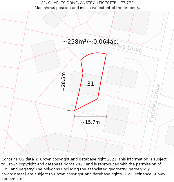 31, CHARLES DRIVE, ANSTEY, LEICESTER, LE7 7BF: Plot and title map