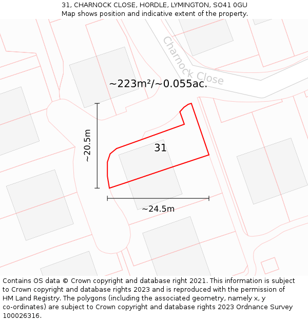 31, CHARNOCK CLOSE, HORDLE, LYMINGTON, SO41 0GU: Plot and title map