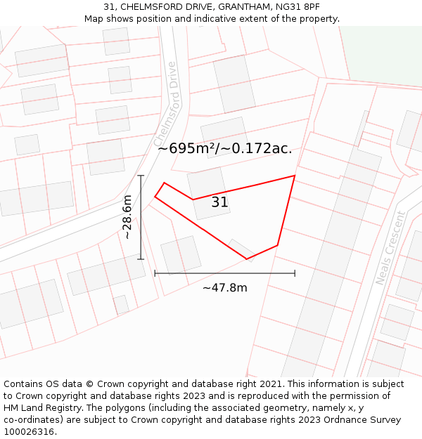 31, CHELMSFORD DRIVE, GRANTHAM, NG31 8PF: Plot and title map